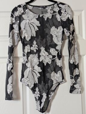 Black Mesh Floral Long Sleeve Bodysuit with White Embroidery Size Small